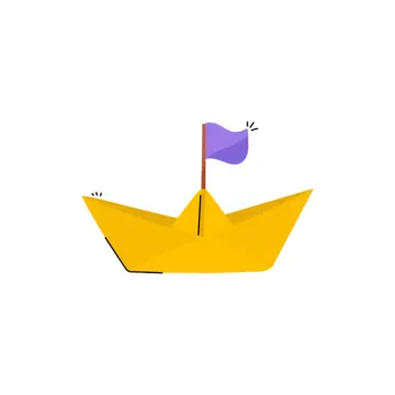 a paper boat with a purple flag on top