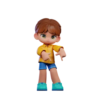 a little boy in a yellow shirt and blue shorts