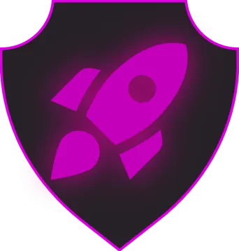 a purple shield with a rocket on it