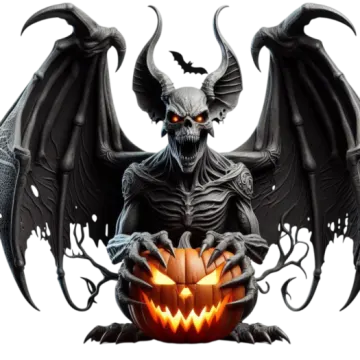 a black demon sitting on top of a pumpkin