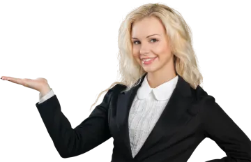 a woman in a business suit holding out her hand