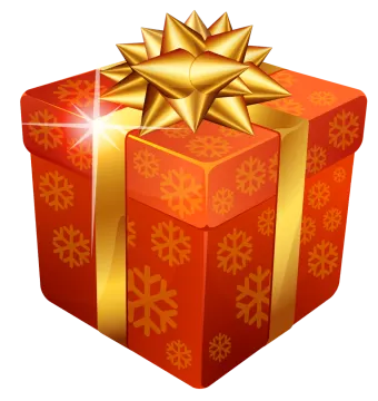 a red gift box with gold bows and snowflakes