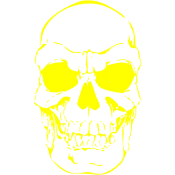a black and white skull with red eyes