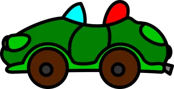 a green toy car with red and blue wheels