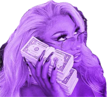 a woman holding money in front of her face