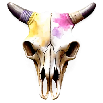 a watercolor painting of a bull's skull