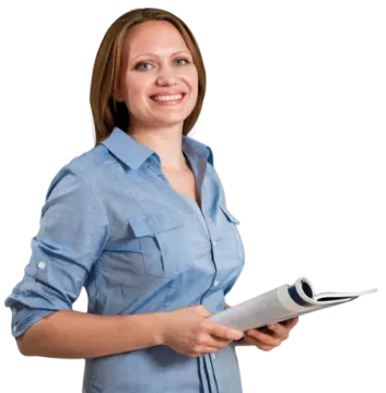 a woman in a blue shirt holding a piece of paper