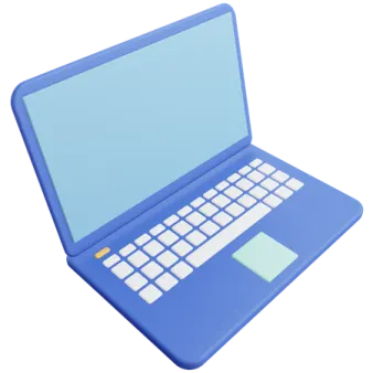 a blue laptop with a white keyboard