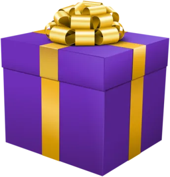 a purple gift box with gold ribbon and bow