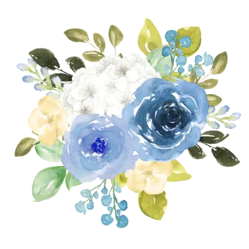 a watercolor painting of blue and white flowers