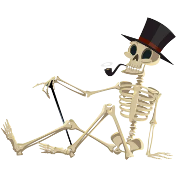 a skeleton wearing a top hat and smoking a pipe