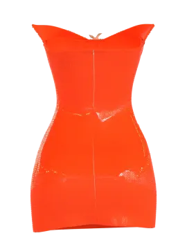 an orange leather dress with a zipper closure