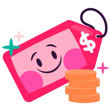 a pink card with a smiley face next to a stack of coins