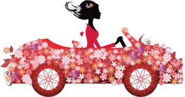 a woman sitting on top of a car with flowers