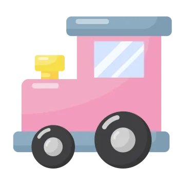 a pink train with black wheels and a white background