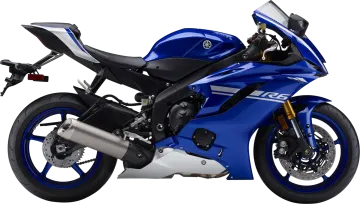 a blue motorcycle is parked on a white surface