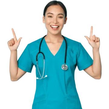 a woman wearing scrubs and holding up her peace sign