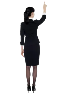 a woman in a business suit pointing at something