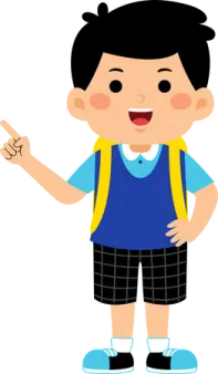 a boy with a backpack pointing at something