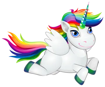 a white unicorn running with rainbow hair