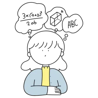 a woman with thought bubbles above her head