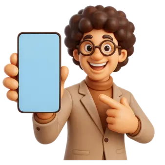 a cartoon character holding up a smart phone