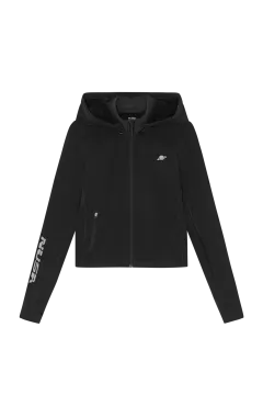 a woman wearing a black hoodie jacket