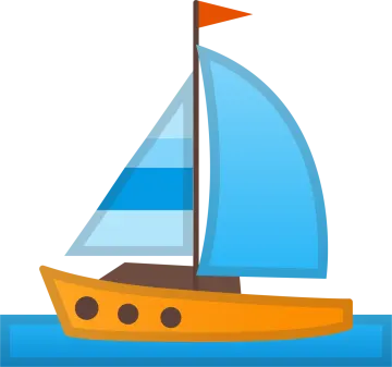 a boat with blue sails on the water