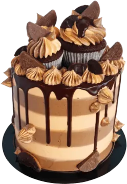 a cake with chocolate and nuts on top