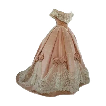 a pink ball gown with lace on the skirt