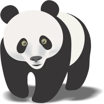 a black and white panda bear with green eyes
