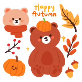an illustration of a teddy bear surrounded by autumn leaves