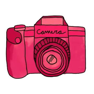 a pink camera with the word camera on it