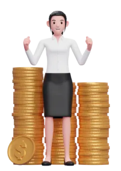 a woman standing on top of stacks of coins