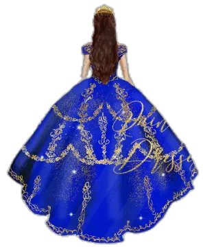 a woman in a blue dress with gold and white designs