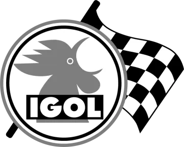 a black and white logo with a checkered flag
