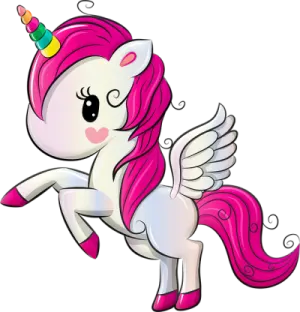 a cartoon unicorn with pink hair and a horn