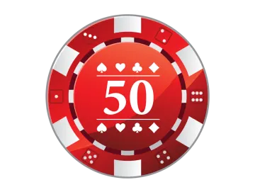 a red casino chip with the number 50 on it