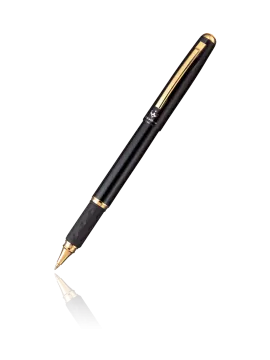 a black ballpoint pen with gold trim