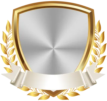 a gold and silver shield with a ribbon