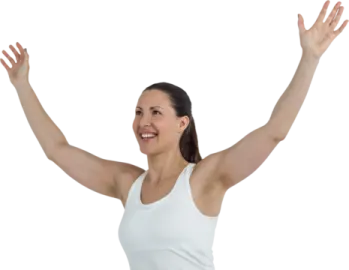 a woman with her arms up in the air