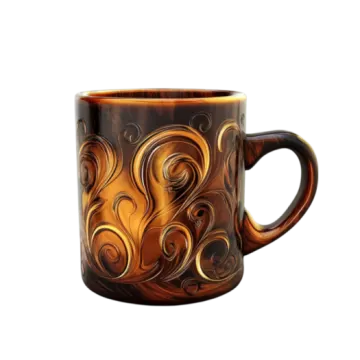 a brown and black coffee mug with swirl designs