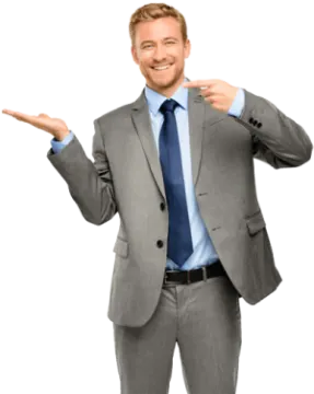 a man in a suit and tie pointing at the camera