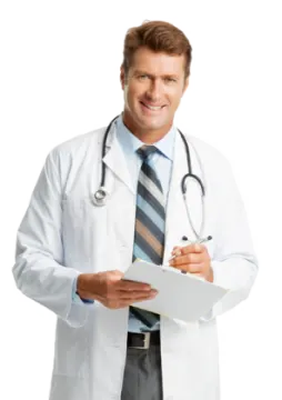 a man in a white lab coat holding a clipboard