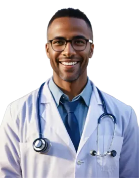 a man in a white lab coat and glasses smiles at the camera