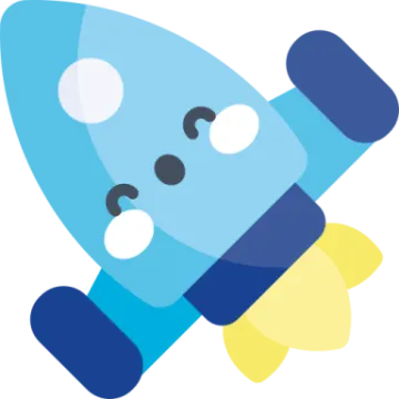 a blue and yellow rocket with white dots on it