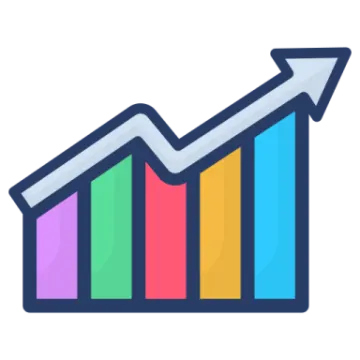 a colorful bar chart with an arrow pointing upward