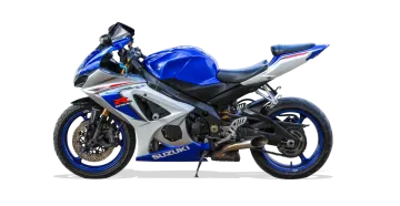 a blue and white motorcycle on a white background
