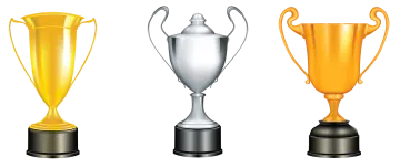 three gold, silver and bronze trophies