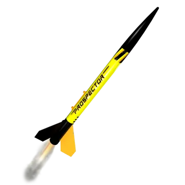 a yellow and black rocket on a white background